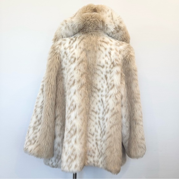 Vintage Snow Leopard Arctic Lynx Faux Fur Winter White Cream Hood Teddy Coat XL - Picture 1 of 11